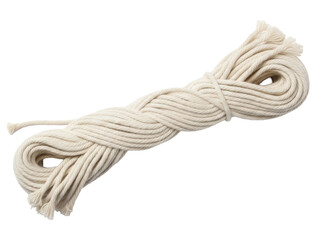 Isolated bundle of natural light rope, a looped hank is bound in the middle, lying across the frame