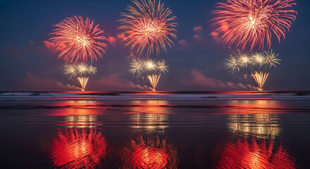 Night scene with colorful fireworks exploding above the ocean, reflected on a wet beach, symbolizing celebration, festivity and event