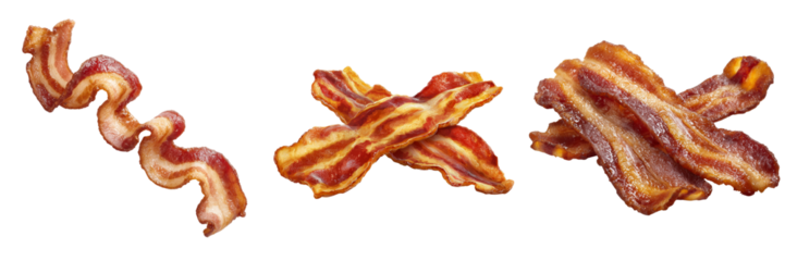 Crispy cooked bacon strips arranged in groups isolated on a transparent background