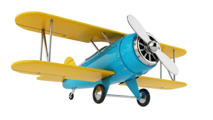 Blue and yellow toy biplane PNG isolated on transparent background, vintage airplane model for kids room decor and aviation themes © Hugo