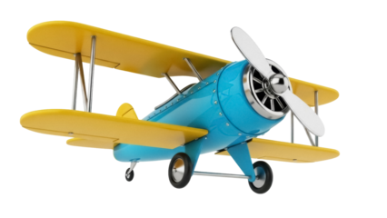 Blue and yellow toy biplane PNG isolated on transparent background, vintage airplane model for kids room decor and aviation themes
