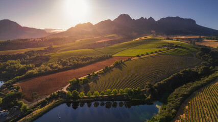 The sunrise with a river with wine land on Stellenbosch  © Peerawat