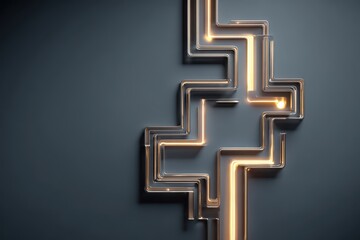 Glowing geometric network of pipes with illuminated pathways on a dark background