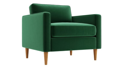 Emerald green velvet armchair isolated PNG, modern lounge chair with wooden legs for living room or home decor on transparent background