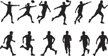 Athlete silhouette vector, running and throwing poses, sports motion illustration, black design, dynamic human movement, fitness activity icons, training concept