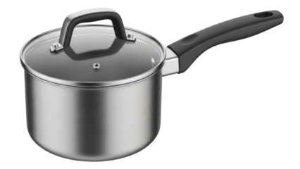 Stainless steel saucepan with glass lid isolated PNG, cooking pot with handle for kitchenware and culinary use on transparent background