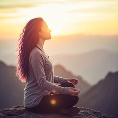 Young woman with curly hair meditating on grassy mountain slope at sunset, surrounded by peaks and glowing sky. Wellness branding, nature retreats, mindfulness.