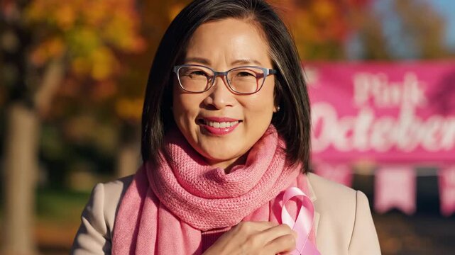 Woman holding pink ribbon promoting awareness and support concept