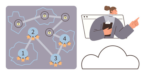 Numbered nodes connected by lines on a secured network, woman holding clipboard emerging from browser window. Ideal for cybersecurity, teamwork, cloud storage, data sharing, technology, planning