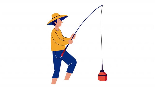 Fisherman with a fishing rod. Animation of a fisherman fishing, alpha channel. Cartoon