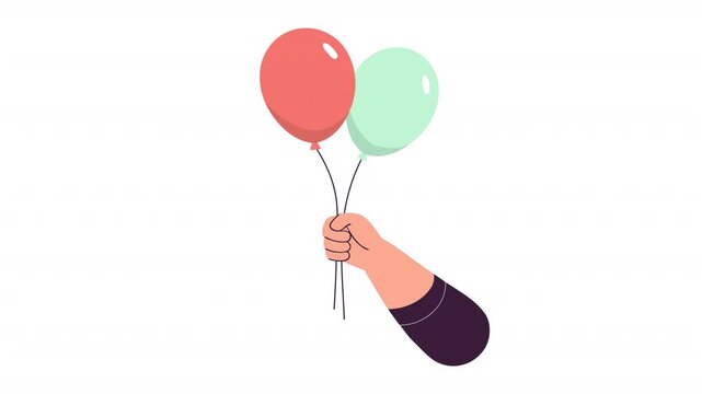 A hand holding two balloons. Animation of balloons in a hand, alpha channel. Cartoon