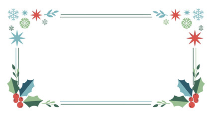 A festive Christmas frame decorated with holly, berries, snowflakes, and ribbons on a white background, perfect for holiday greeting cards or invitations.