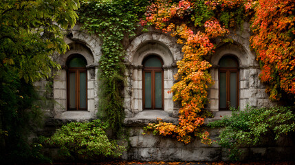 Old building facade with changing autumn ivy colors