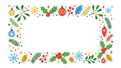 A festive Christmas frame with colorful ornaments, holly leaves, and snowflakes on a white background, perfect for holiday greeting cards or decorations.