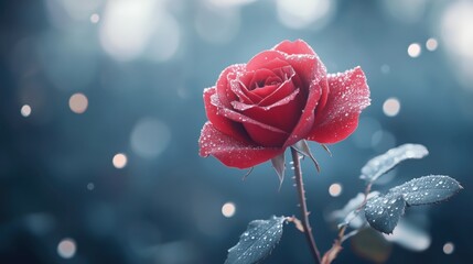Close-up of a vibrant red rose adorned with glistening water droplets against a soft, blurred blue background with bokeh effects.