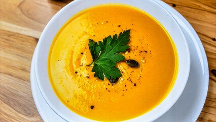 Creamy Pumpkin Soup with Seeds and Herbs for Premium Food Object and Autumn Cuisine