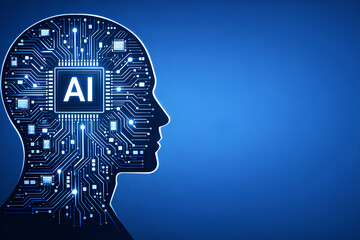 Artificial Intelligence Human Head Silhouette with Digital Circuit Brain on Blue Background and Copy Space