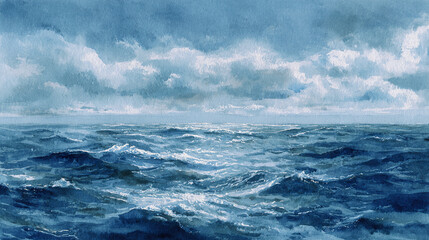 Fototapeta premium The vast ocean under a cloudy sky, showcasing the natural beauty of the water with gentle waves. The sky is filled with clouds that cast shadows on the water