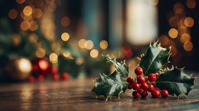 Holiday holly berries on wooden surface