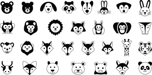 Obraz premium Cute animal face icon set with dog cat panda fox rabbit lion silhouettes, black and white cartoon wildlife collection