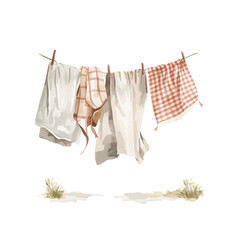 White washed bedding hanging on a clothesline in cottagecore rustic style, watercolor illustration on white. Perfect for farmhouse decor, country laundry themes, cozy home and rustic designs