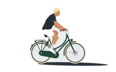 Naklejka premium Young man riding a classic green bicycle side view flat vector illustration isolated on white background for healthy lifestyle and eco friendly city transportation.