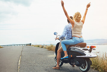 Freedom, road trip and back with couple on scooter for adventure, travel and bonding. Date,...