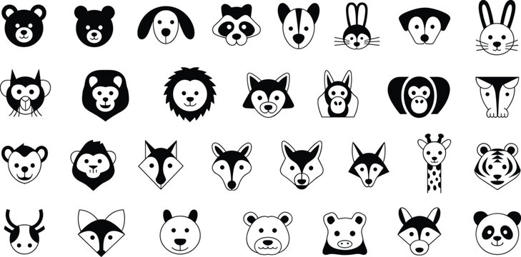 Cute animal face icon set with dog cat panda fox rabbit lion silhouettes, black and white cartoon wildlife collection