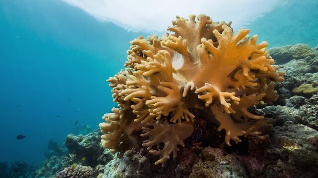 Close up underwater shot of yellow leathery soft coral in shallow water