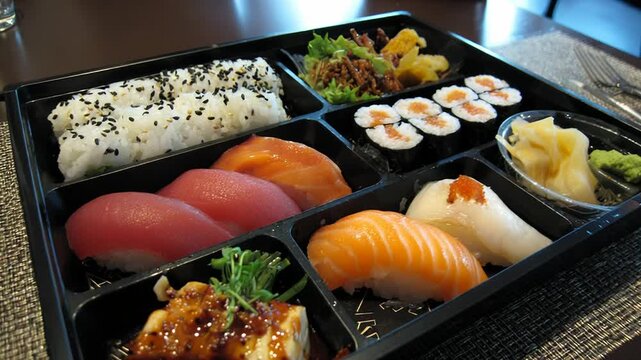 Japanese bento box with sushi and various dishes