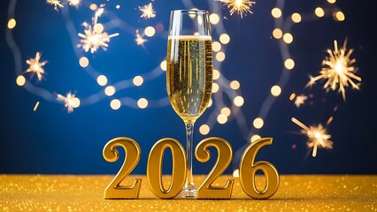 Champagne glass with 2026 gold numbers on glittery table with sparklers