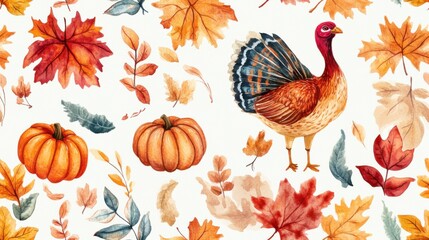 Fototapeta premium Autumn watercolor pattern with turkey pumpkins and falling leaves on light background