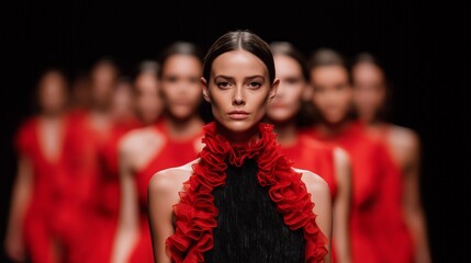 Models confidently strut down a dimly lit runway, wearing stunning red outfits adorned with ruffles. The atmosphere is electric as the audience admires their poise and style