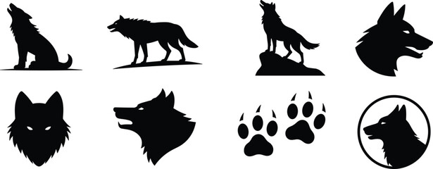 Wolf silhouette illustration set with howling standing head icons and paw prints, wild animal minimalist black vector collection