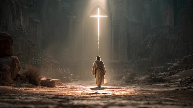 Jesus walks in a rocky place under a bright light shining through a cross