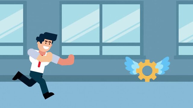 A businessman runs after a flying gear with wings, symbolizing the pursuit of innovation, productivity, or solutions in a business or office environment.