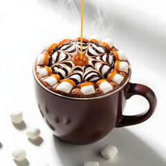 Steaming hot chocolate with marshmallows and caramel drizzle