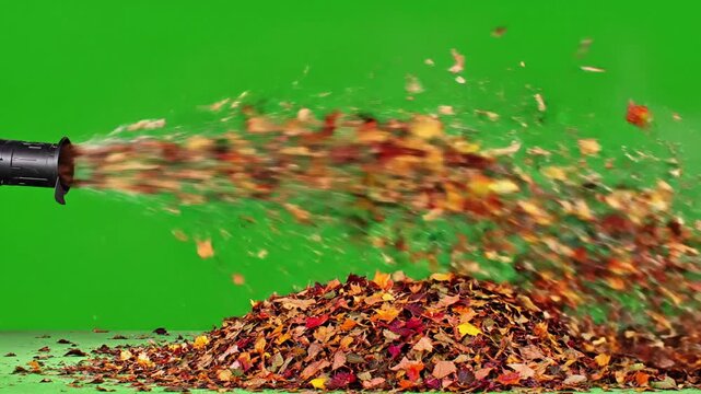 Whirlwind of falling leaves around the blower with leaf blower blowing leaves along effect videos Mission Cordless Power Tools style