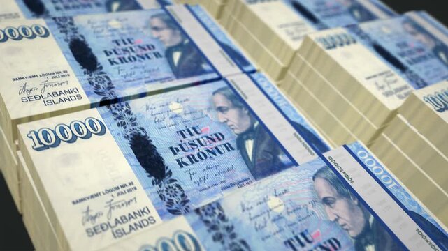 Iceland krona Icelandic money pack loop 3d animation. Loopable seamless concept of finance, cash, economy, business and bank. Camera moving over 10000 ISK banknote bundle stacks.