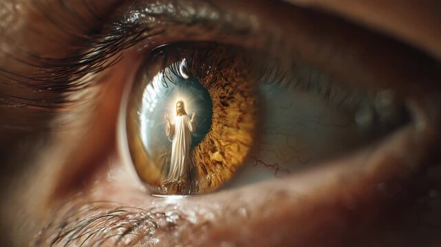 Image of Jesus reflected in an eye shows connection and faith in a moment of spiritual reflection