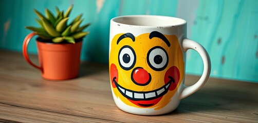 Hand-painted mug with a funny face and mismatched eyes, a conversation starter for your desk,  ceramic, mug