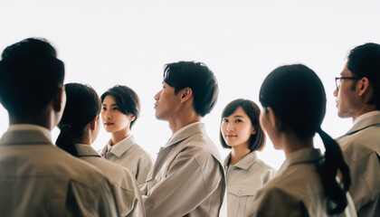 Obraz premium 作業服姿で並ぶ日本人建設作業員チームの集合写真