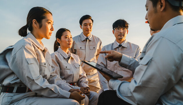 会議を行う日本人建設作業員チーム