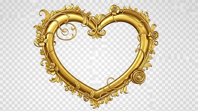An intricately designed golden heart-shaped frame with elaborate floral and vine patterns. The frame features detailed swirls and leaves, giving it a vintage 