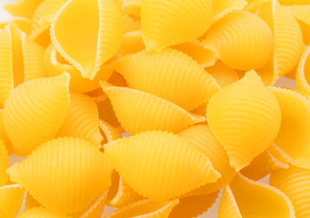 Dry conchiglie pasta or pasta shells close up. Food background.