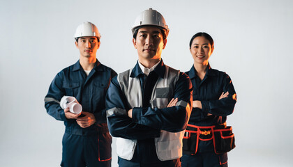 Obraz premium 作業服姿で並ぶ日本人建設作業員チームの集合写真