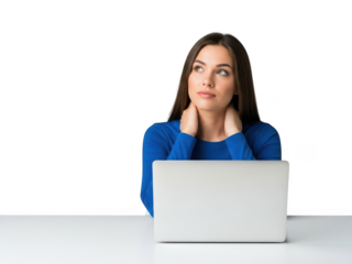 Thoughtful young woman working on laptop isolated on transparent background