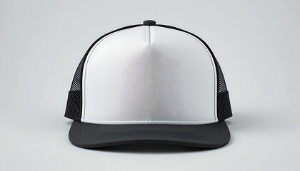 Front view of a minimalist blank white and black trucker hat ready for design mockup