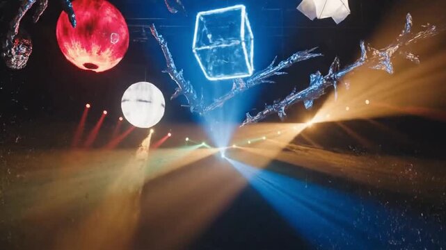 Futuristic light art installation glowing abstract forms and spheres converging on a radiant central path