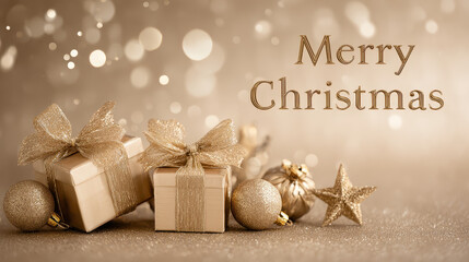 Christmas Gifts: Delightful assortment of shimmering golden gifts, elegantly adorned with bows and surrounded by festive ornaments, conveying the joyous spirit of Christmas.